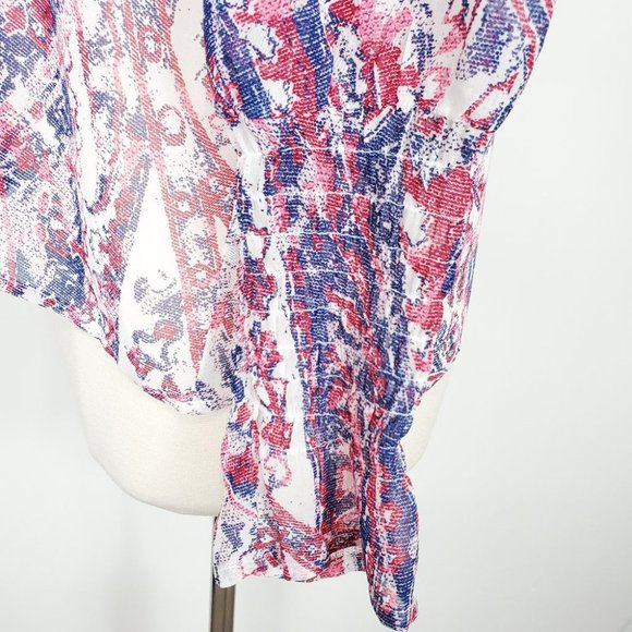 Belle & Sky Blue Red Cream Semi Sheer Pullover Top w/Shirring, L - Picture 5 of 10